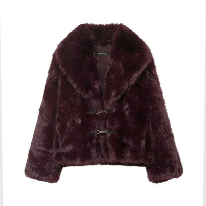 Collared Plain Faux Fur Buckle Jacket