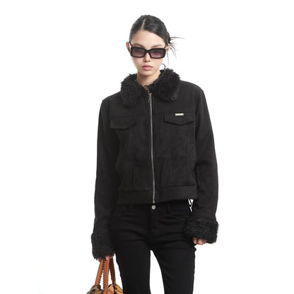 Furry Trim Zip-Up Jacket
