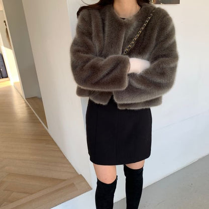 Crew Neck Plain Fluffy Open Front Crop Jacket