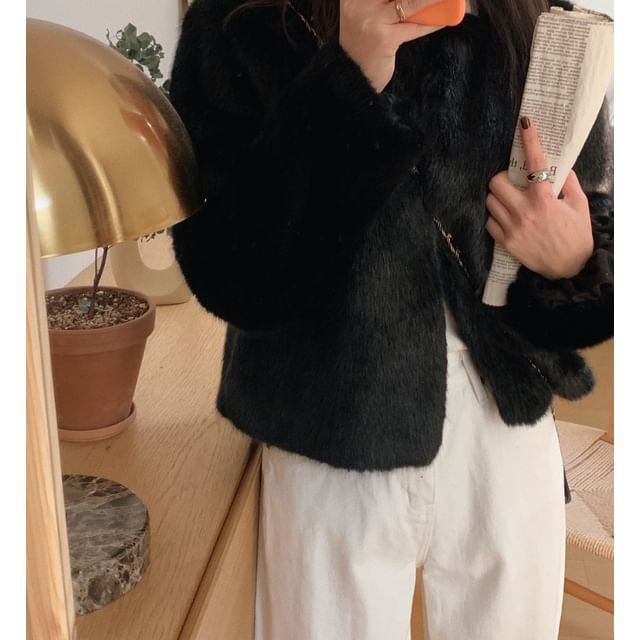 Crew Neck Plain Fluffy Open Front Crop Jacket