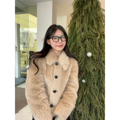 Collared Fluffy Button-Up Plain Jacket