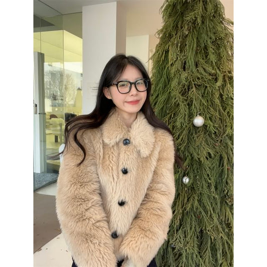 Collared Fluffy Button-Up Plain Jacket