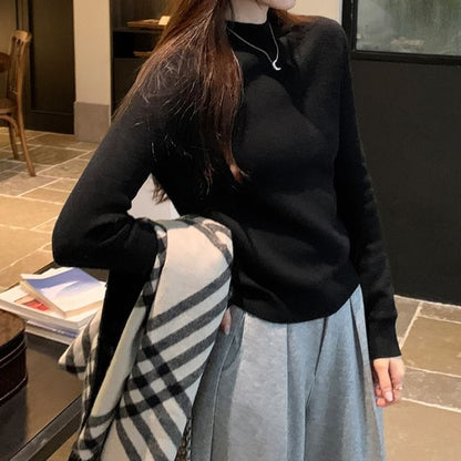 Long-Sleeve Short Faux-Fur Lined Mock Neck Plain Slim Fit Knit Top