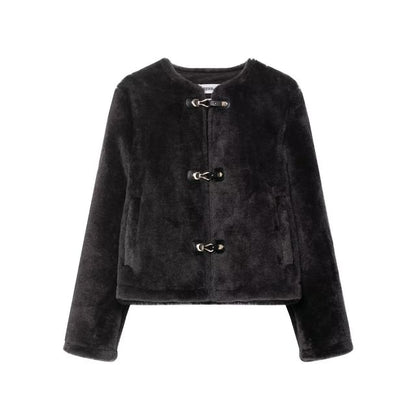 Crew Neck Plain Fluffy Buckled Jacket