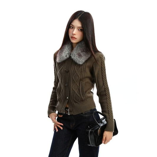 Faux Fur Collar Cable Knit Toggle Cardigan