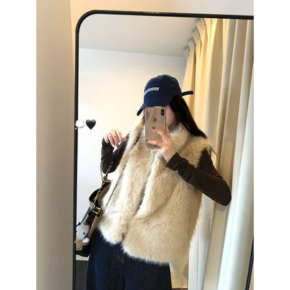 Stand Collar Plain Faux Fur Vest
