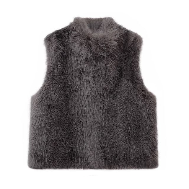 Stand Collar Plain Faux Fur Vest