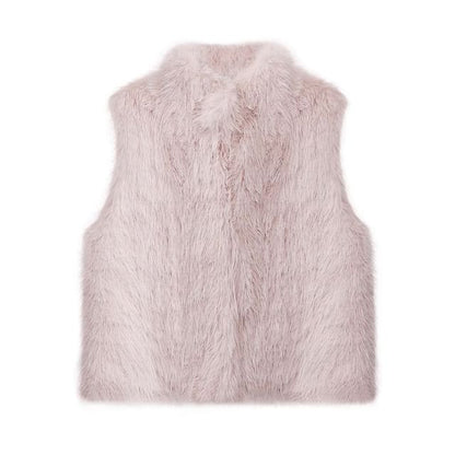 Stand Collar Plain Faux Fur Vest