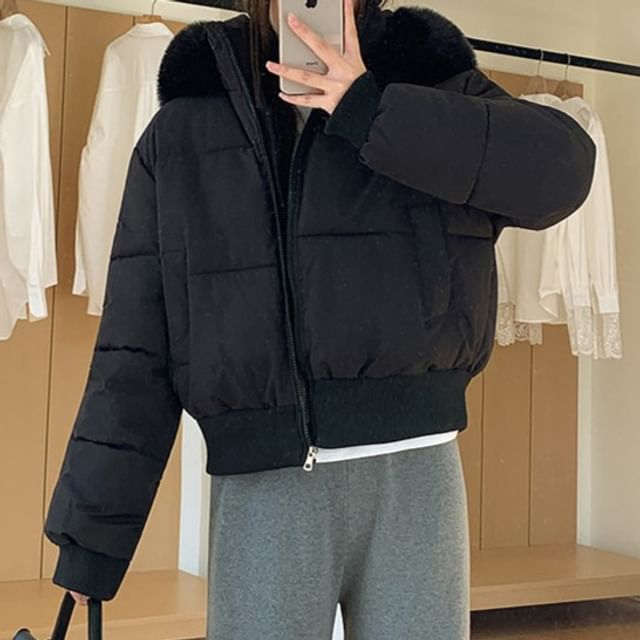 Furry Trim Hooded Zip-Up Puffer Jacket