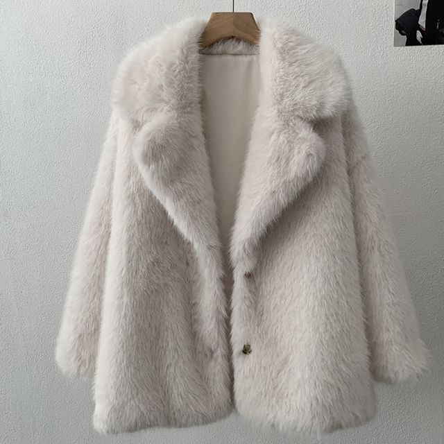 Lapel Collar Fluffy Button-Up Plain Jacket