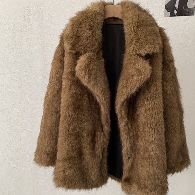 Lapel Collar Fluffy Button-Up Plain Jacket