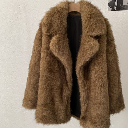 Lapel Collar Fluffy Button-Up Plain Jacket