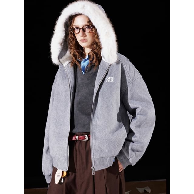 Detachable Faux Fur-Trim Hooded Wool Jacket