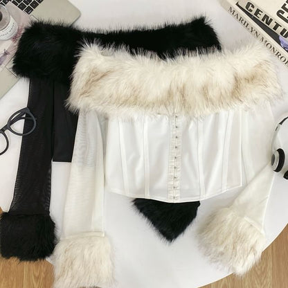 Long Sleeve Off Shoulder Hook And Eye Mesh Panel Faux Fur Crop Top