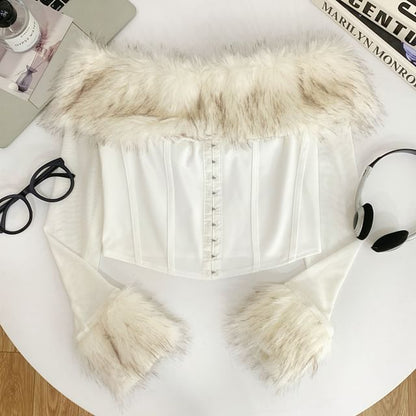 Long Sleeve Off Shoulder Hook And Eye Mesh Panel Faux Fur Crop Top
