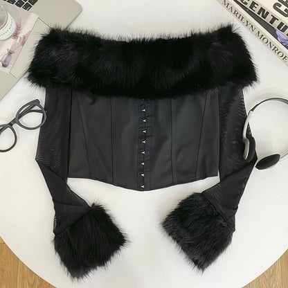 Long Sleeve Off Shoulder Hook And Eye Mesh Panel Faux Fur Crop Top