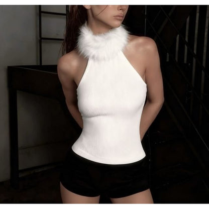 Halter Neck Faux Fur Panel Plain Slim-Fit Tank Top