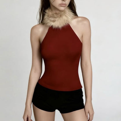 Halter Neck Faux Fur Panel Plain Slim-Fit Tank Top