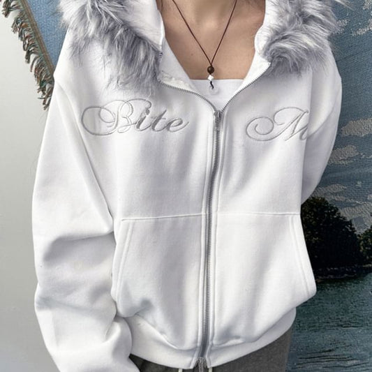 Fluffy Hooded Lettering Embroidered Zip Jacket