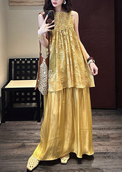 O Two Neck Silk Summer Patchwork Dress Yellow Pieces False