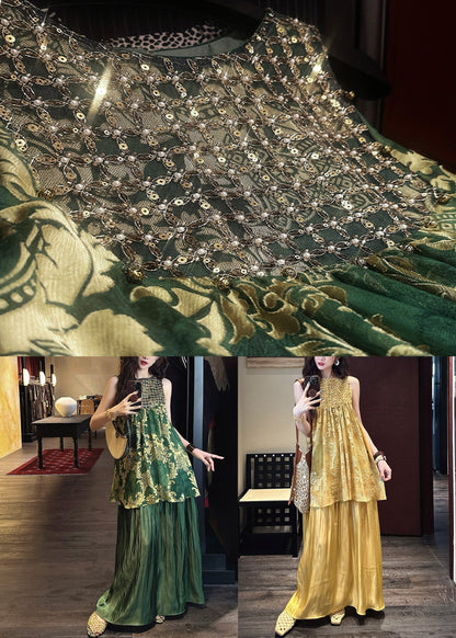 O Two Neck Silk Summer Patchwork Dress Yellow Pieces False