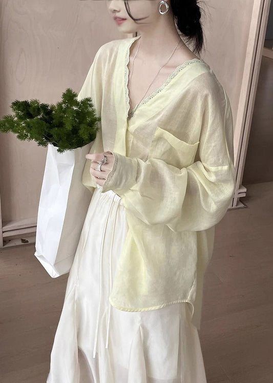 Lace V Blouse Neck Cotton Summer Pockets Silk Yellow