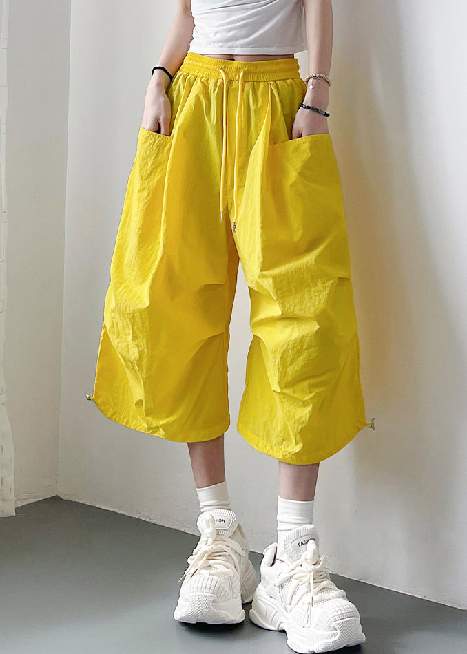 Elastic Waist Oversized Yellow Lace Summer Up Crop Pants Cotton