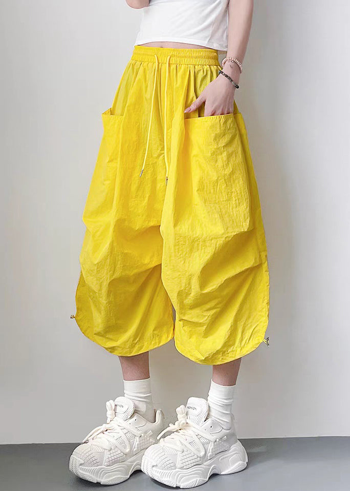 Elastic Waist Oversized Yellow Lace Summer Up Crop Pants Cotton