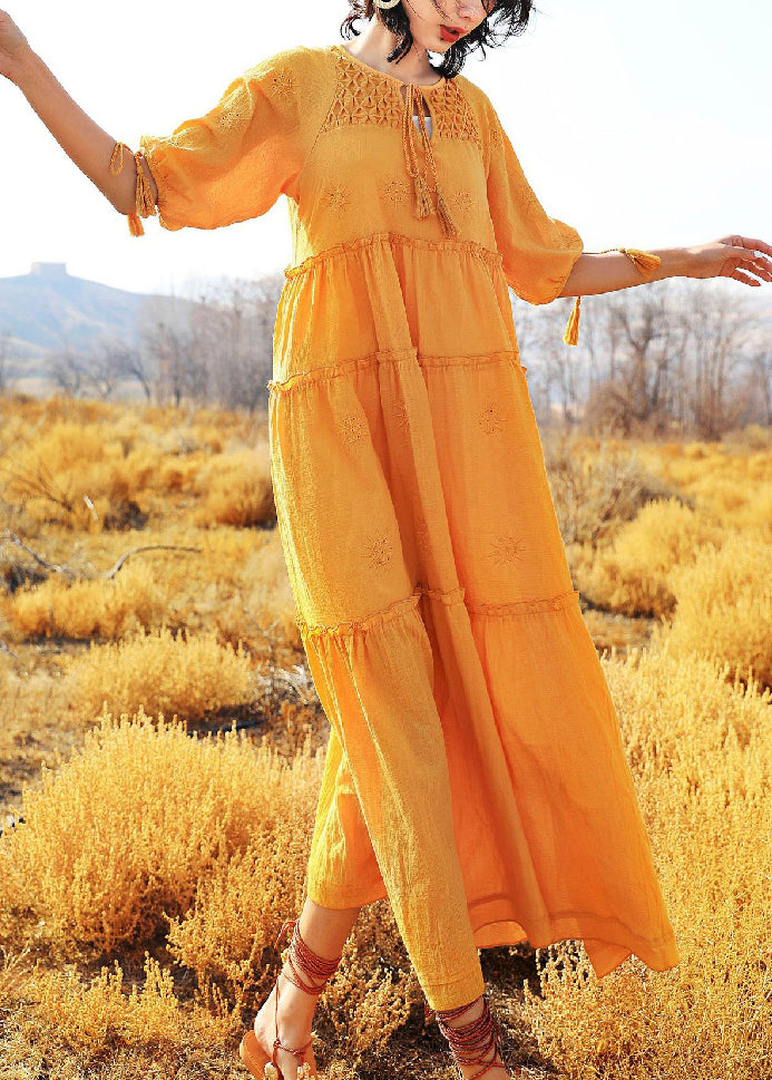Summer Cotton Up Dress Lace Yellow Solid Ruffled Long