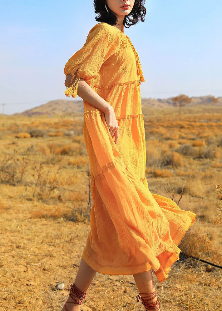 Summer Cotton Up Dress Lace Yellow Solid Ruffled Long