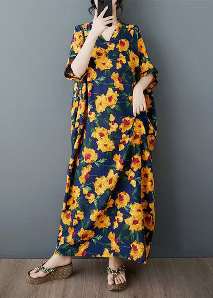Oversized Dress Long Yellow Cotton Print Sleeve Batwing