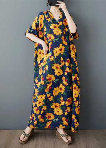 Oversized Dress Long Yellow Cotton Print Sleeve Batwing