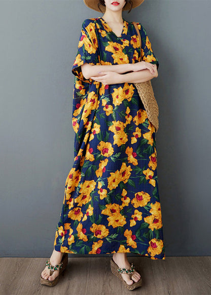 Oversized Dress Long Yellow Cotton Print Sleeve Batwing
