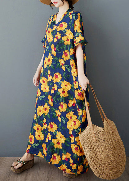 Oversized Dress Long Yellow Cotton Print Sleeve Batwing