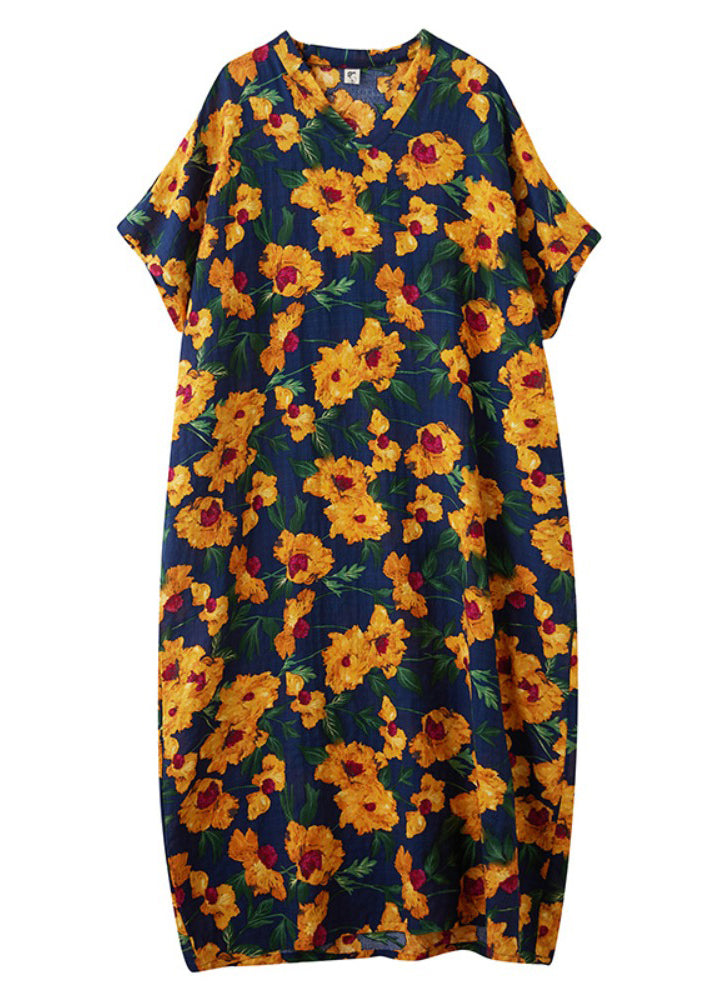 Oversized Dress Long Yellow Cotton Print Sleeve Batwing