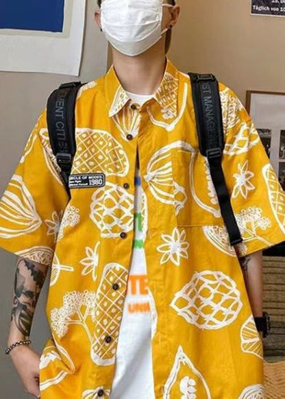 Half Pockets Pan Collar Cotton Print Peter Yellow Men Shirts