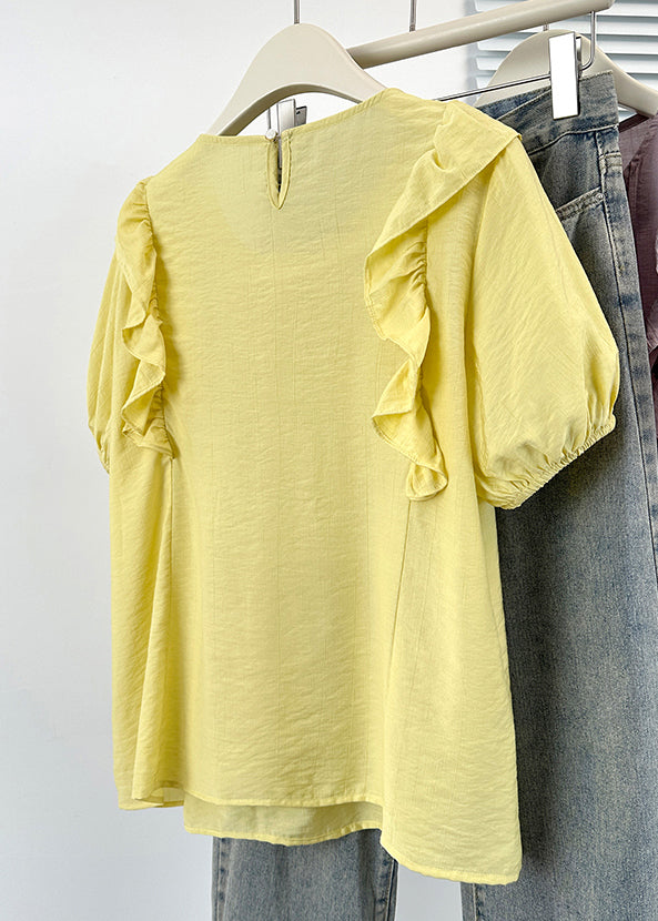 Button Shirts Solid Cotton Neck Yellow O Ruffled