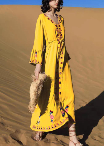 Waist Yellow Fall Dress Embroidered Tie Long Cotton