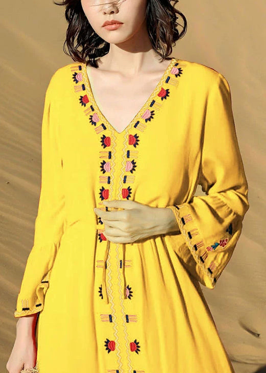 Waist Yellow Fall Dress Embroidered Tie Long Cotton