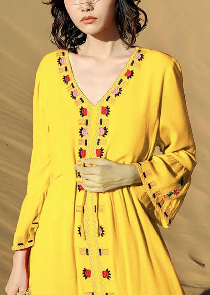 Waist Yellow Fall Dress Embroidered Tie Long Cotton