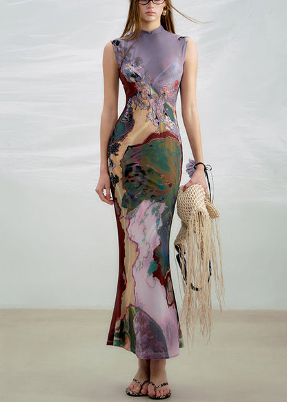 Sides Wear On Long Dress Both Purple Sleeveless Print
