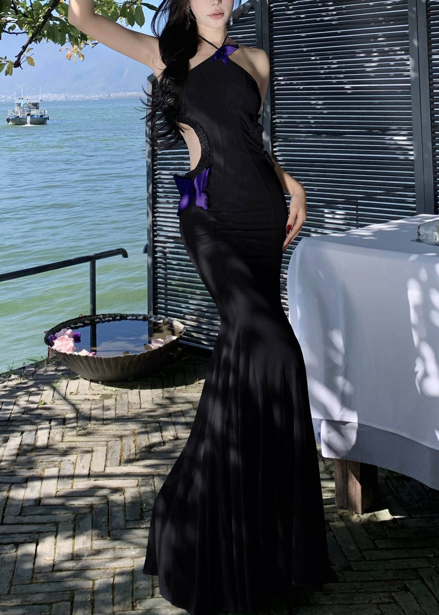 Dresses Long Sleeveless Ruffled Out Tulle Hollow Butterfly Black