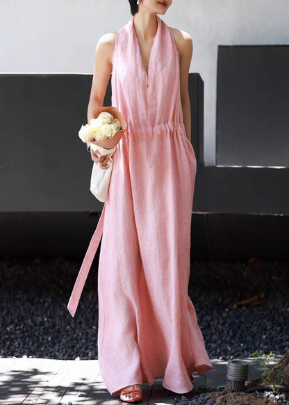 Waist Simple Tie Pockets Pink Sleeveless Dresses Linen Long