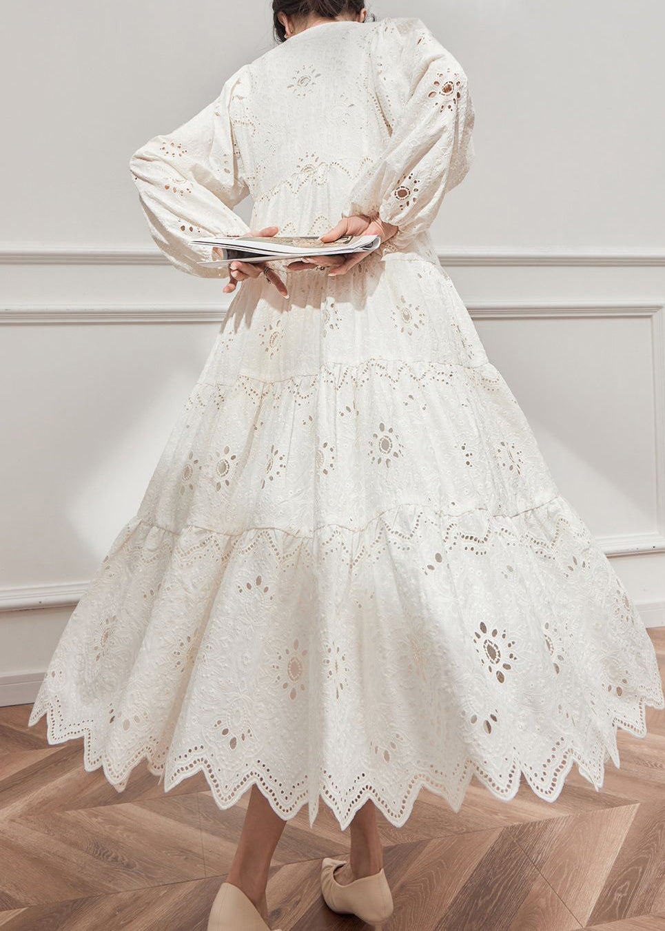 Beige V Out Hollow Lantern Cotton Neck Style Dresses French