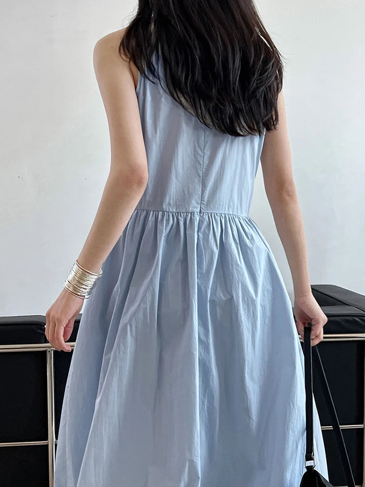 Patchwork O-neck Dress Simple Sleeveless Blue Puff Hem