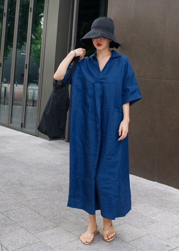 Wrinkled Open Sleeve Side Dress Linen Blue Short