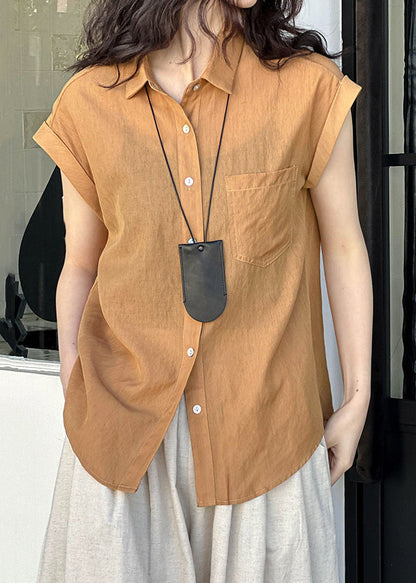 Elegant Orange Peter Pan Collar Button Silk Cotton Shirt Summer AF1024