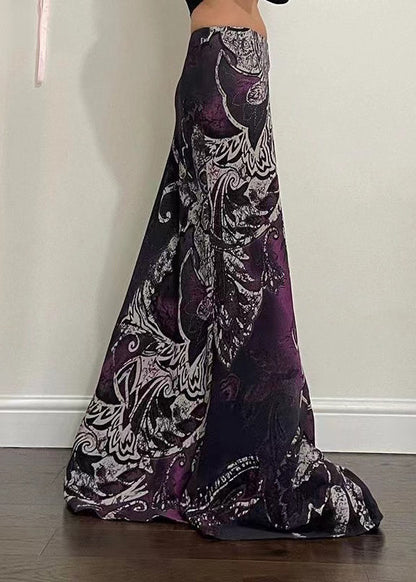 Purple Print Spring Bohemian Draping Line A Skirt