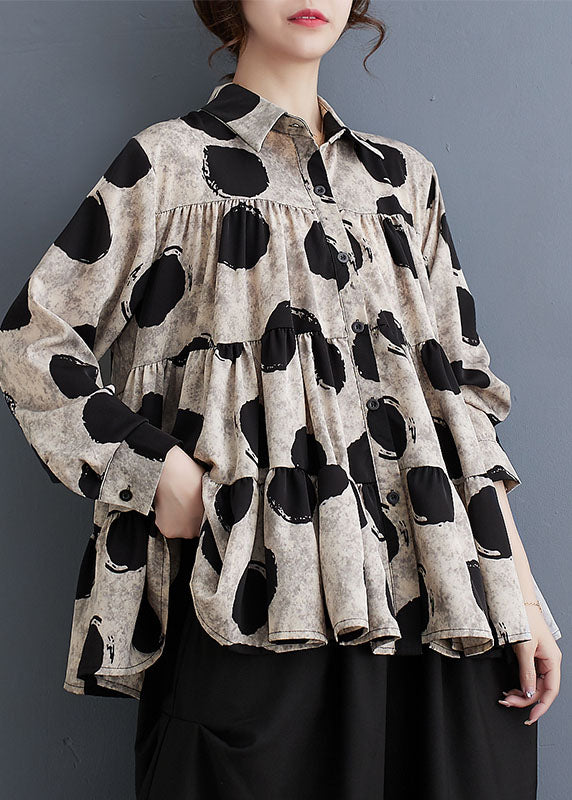 Plus Size Black Peter Pan Collar Dot Wrinkled Cotton Shirts Fall RY023