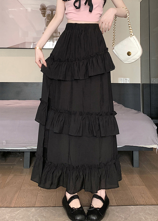 New Black Ruffled Elastic Waist Cotton Skirt Summer NN015